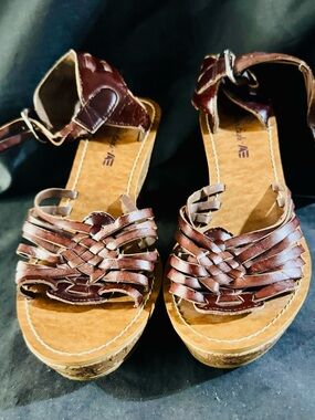 Women’s Brown Leather Woven Ankle-Strap Sandals